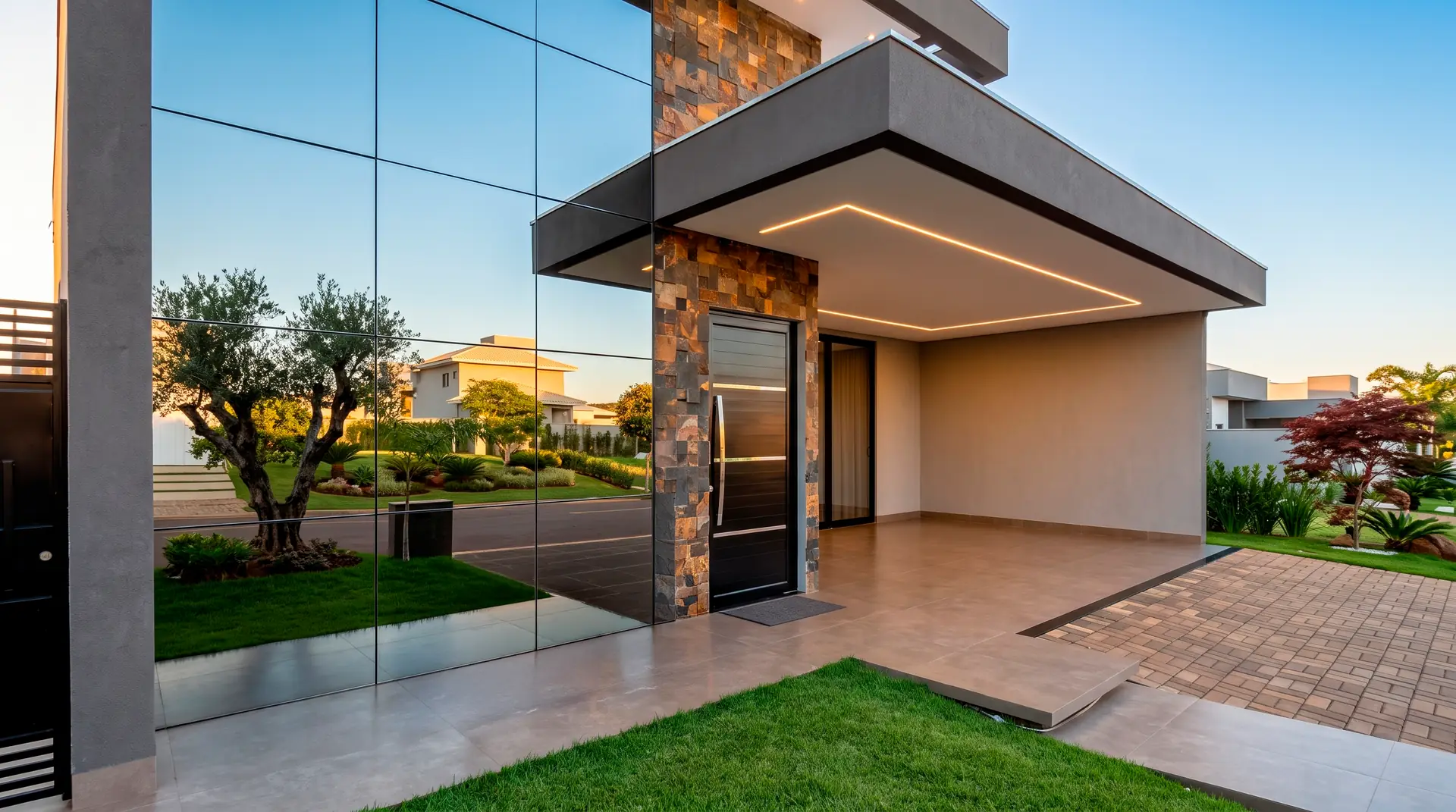 Fachada residencial contemporânea com esquadrias de alumínio e grandes panos de vidro